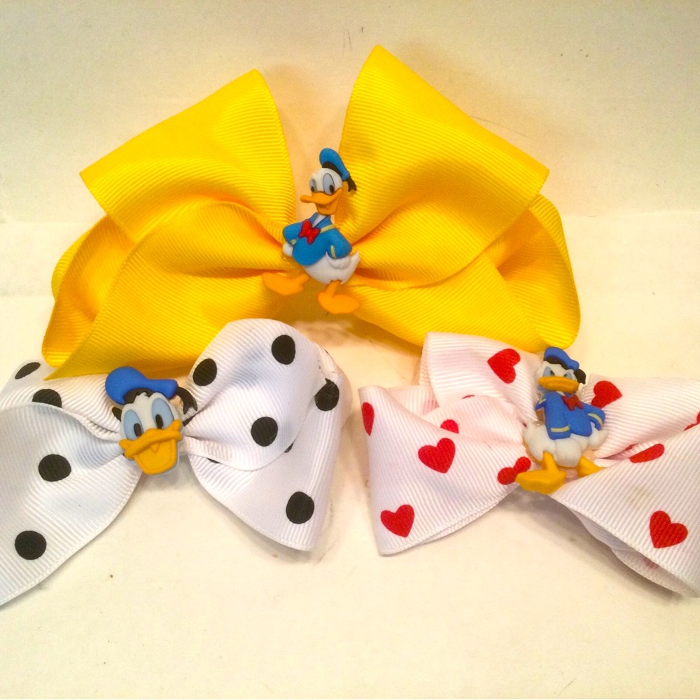 Disney Donald Duck Hair Bow Clip Heart Polka Dot Yellow Barrette Pony Tail.